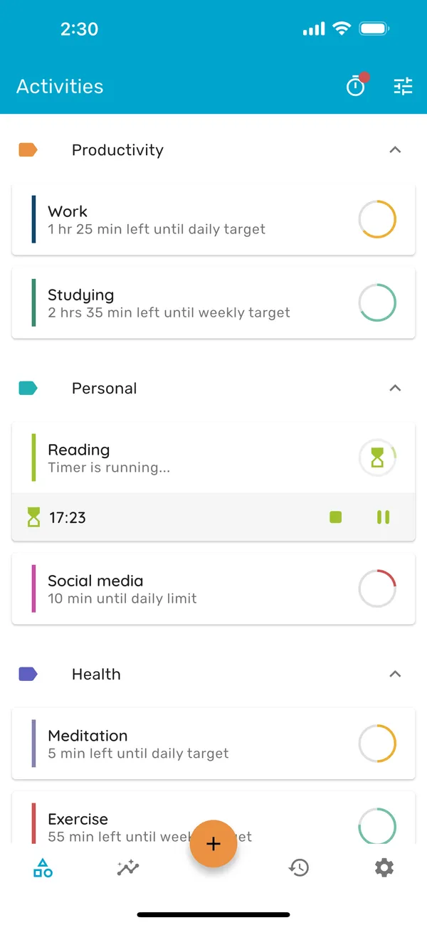 Timelog app — activities dashboard showing time tracking in progress