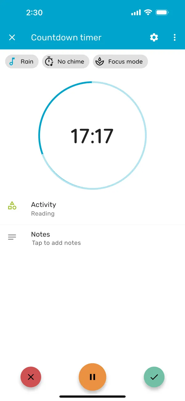 Countdown timer running for a Reading session in Timelog